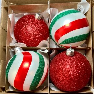 4 Polish Glass Red & Green Swirl Christmas Ball Ornaments Glitter Festive
